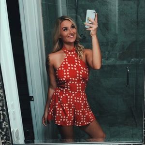 LUXXEL RED HALTER POLKA DOT ROMPER